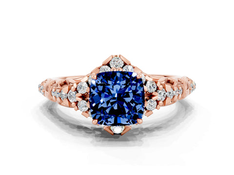 Rose gold Cushion Cut Blue Sapphire Solitaire Ring with Hidden Halo and Pavé Band_12