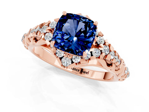 Rose gold Cushion Cut Blue Sapphire Solitaire Ring with Hidden Halo and Pavé Band_13