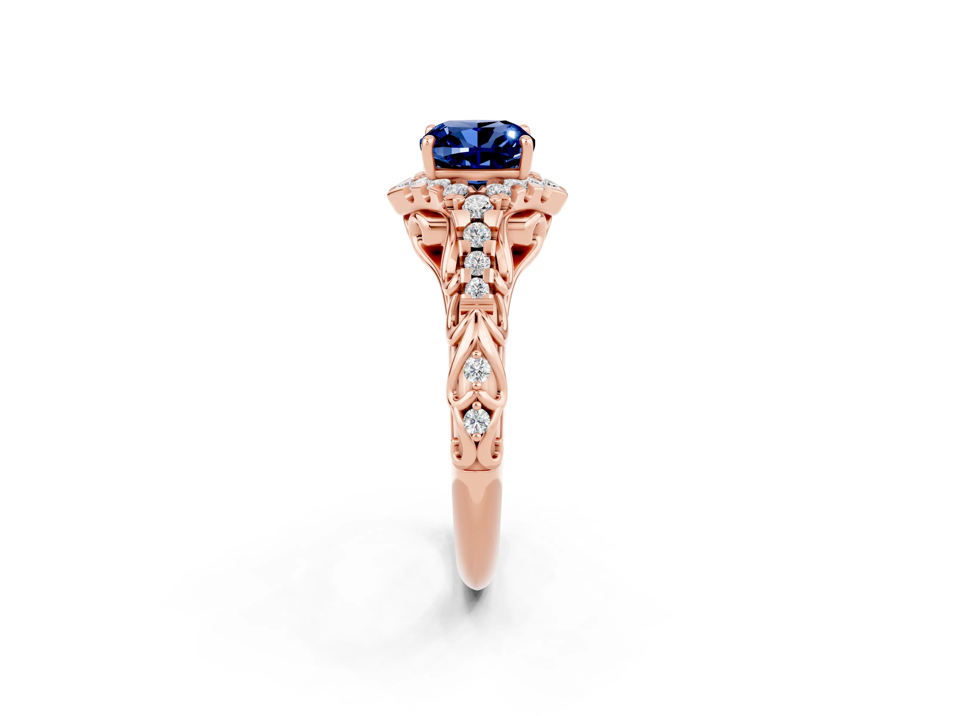 Rose gold Cushion Cut Blue Sapphire Solitaire Ring with Hidden Halo and Pavé Band_14
