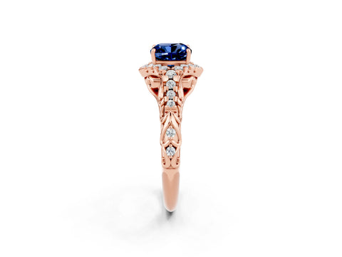 Rose gold Cushion Cut Blue Sapphire Solitaire Ring with Hidden Halo and Pavé Band_14