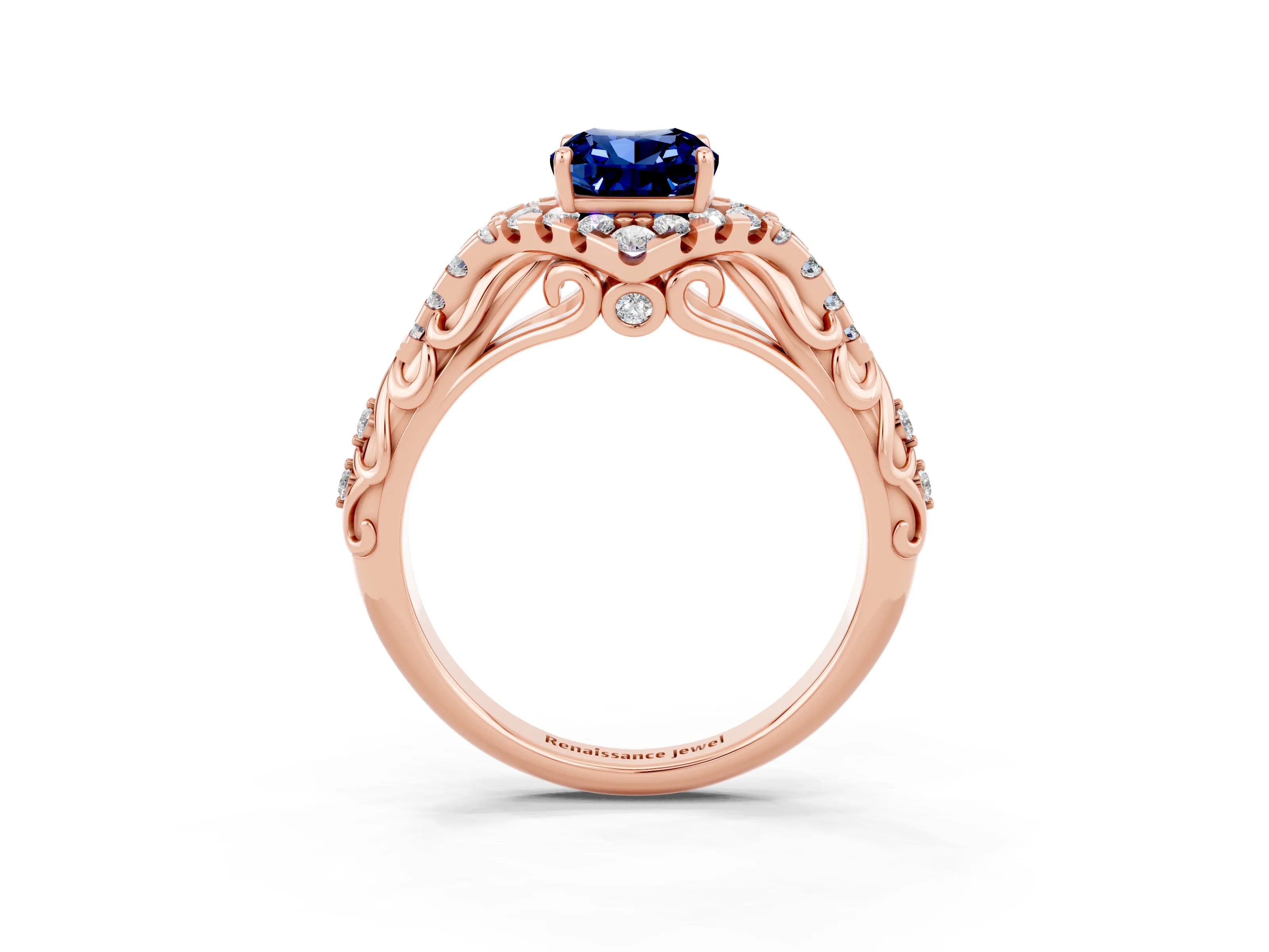 Rose gold Cushion Cut Blue Sapphire Solitaire Ring with Hidden Halo and Pavé Band_15
