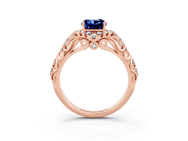 Rose gold Cushion Cut Blue Sapphire Solitaire Ring with Hidden Halo and Pavé Band