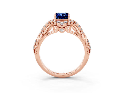 Rose gold Cushion Cut Blue Sapphire Solitaire Ring with Hidden Halo and Pavé Band_15