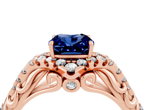 Rose gold Cushion Cut Blue Sapphire Solitaire Ring with Hidden Halo and Pavé Band_16