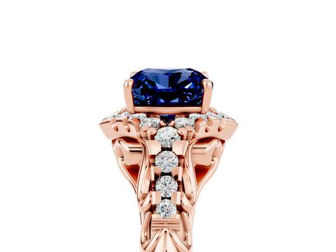 Rose gold Cushion Cut Blue Sapphire Solitaire Ring with Hidden Halo and Pavé Band_17