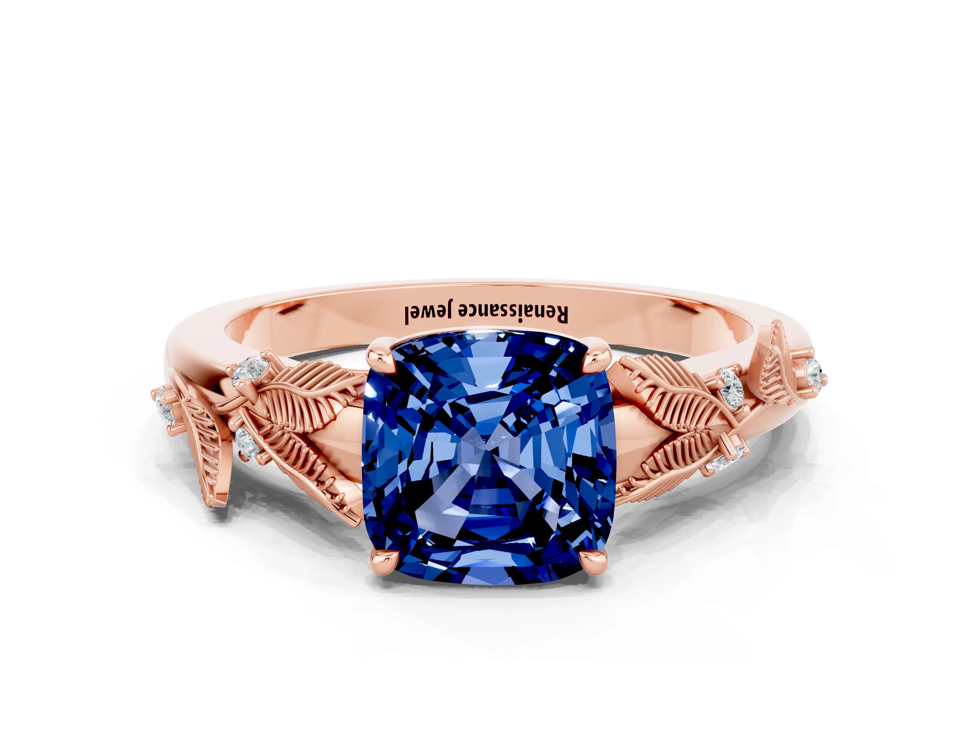Rose gold Cushion Cut Blue Sapphire Solitaire Ring with Leaf Motif Band and Four-Prong Setting