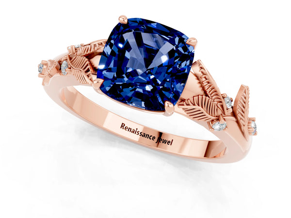Rose gold Cushion Cut Blue Sapphire Solitaire Ring with Leaf Motif Band and Four-Prong Setting