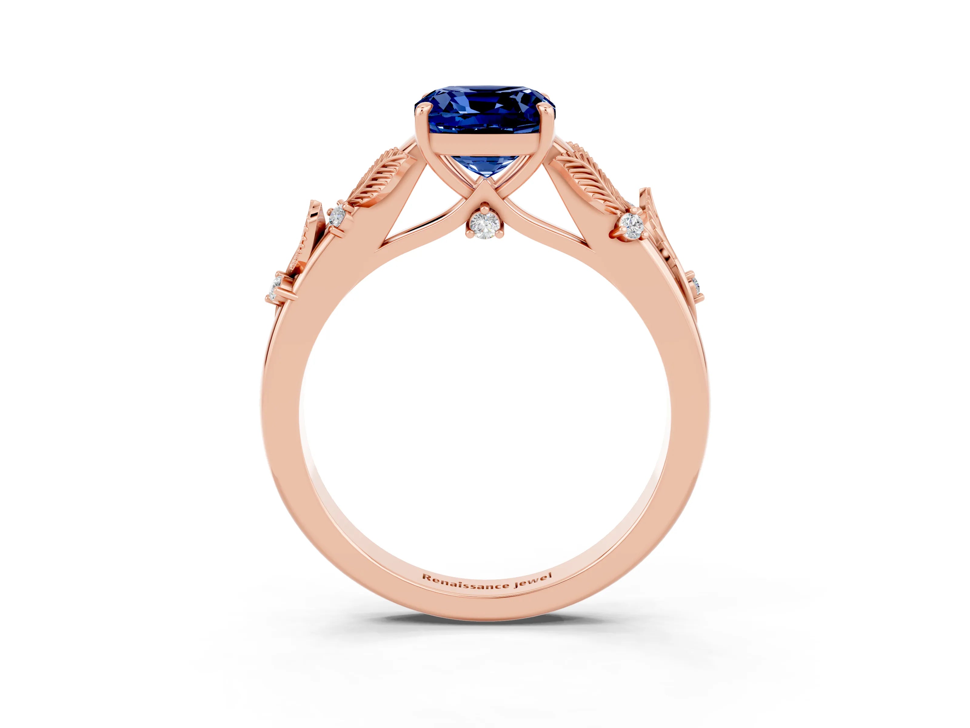 Rose gold Cushion Cut Blue Sapphire Solitaire Ring with Leaf Motif Band and Four-Prong Setting_3