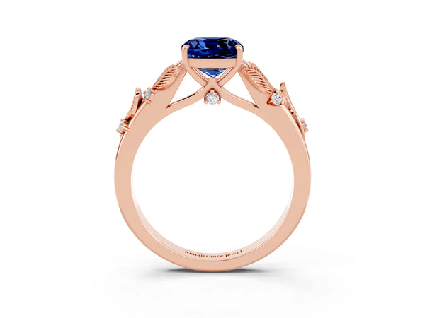 Rose gold Cushion Cut Blue Sapphire Solitaire Ring with Leaf Motif Band and Four-Prong Setting