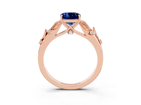 Rose gold Cushion Cut Blue Sapphire Solitaire Ring with Leaf Motif Band and Four-Prong Setting_3