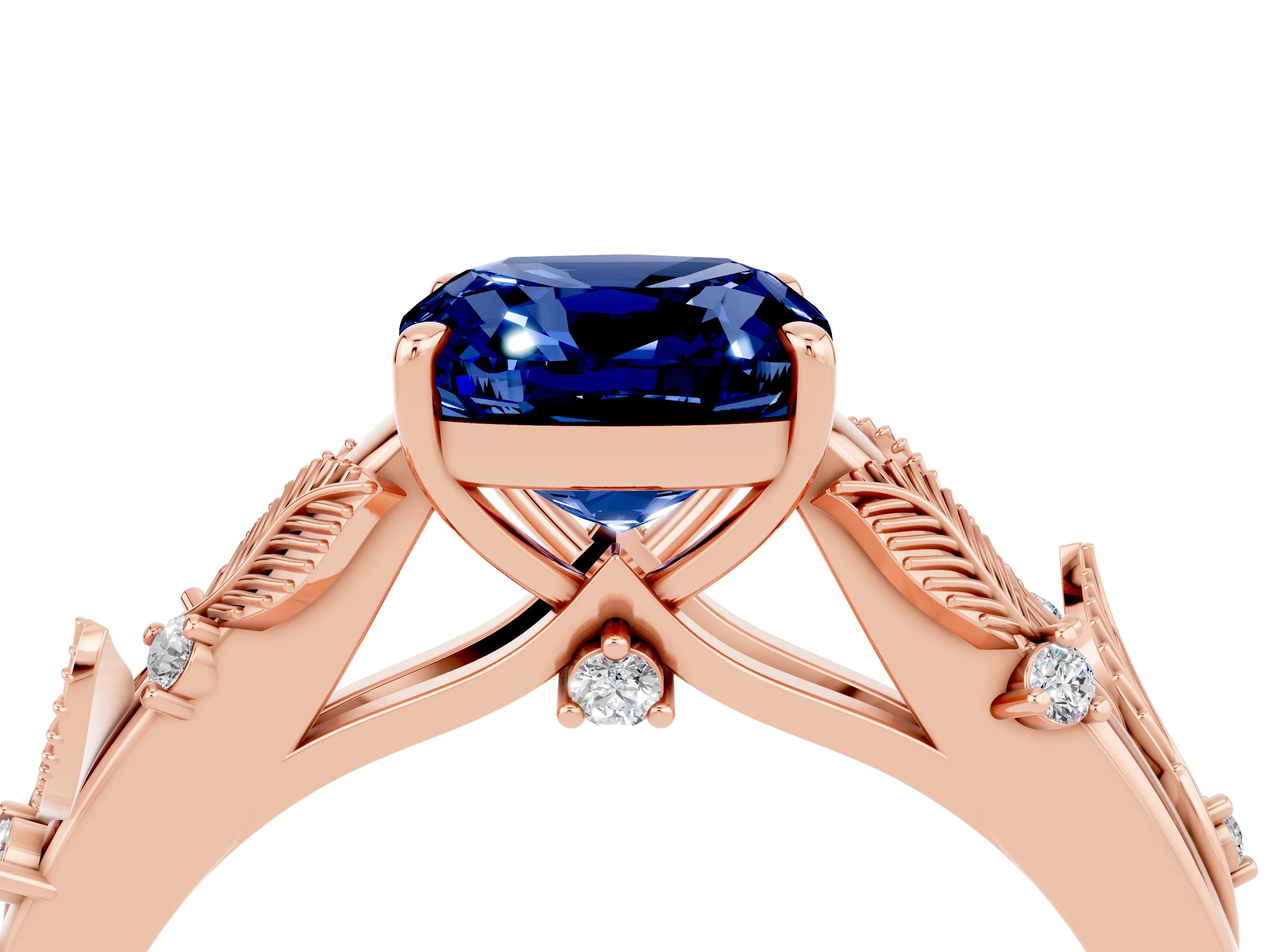Rose gold Cushion Cut Blue Sapphire Solitaire Ring with Leaf Motif Band and Four-Prong Setting_4