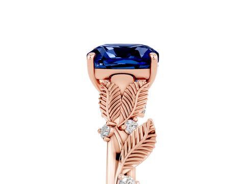 Rose gold Cushion Cut Blue Sapphire Solitaire Ring with Leaf Motif Band and Four-Prong Setting_5