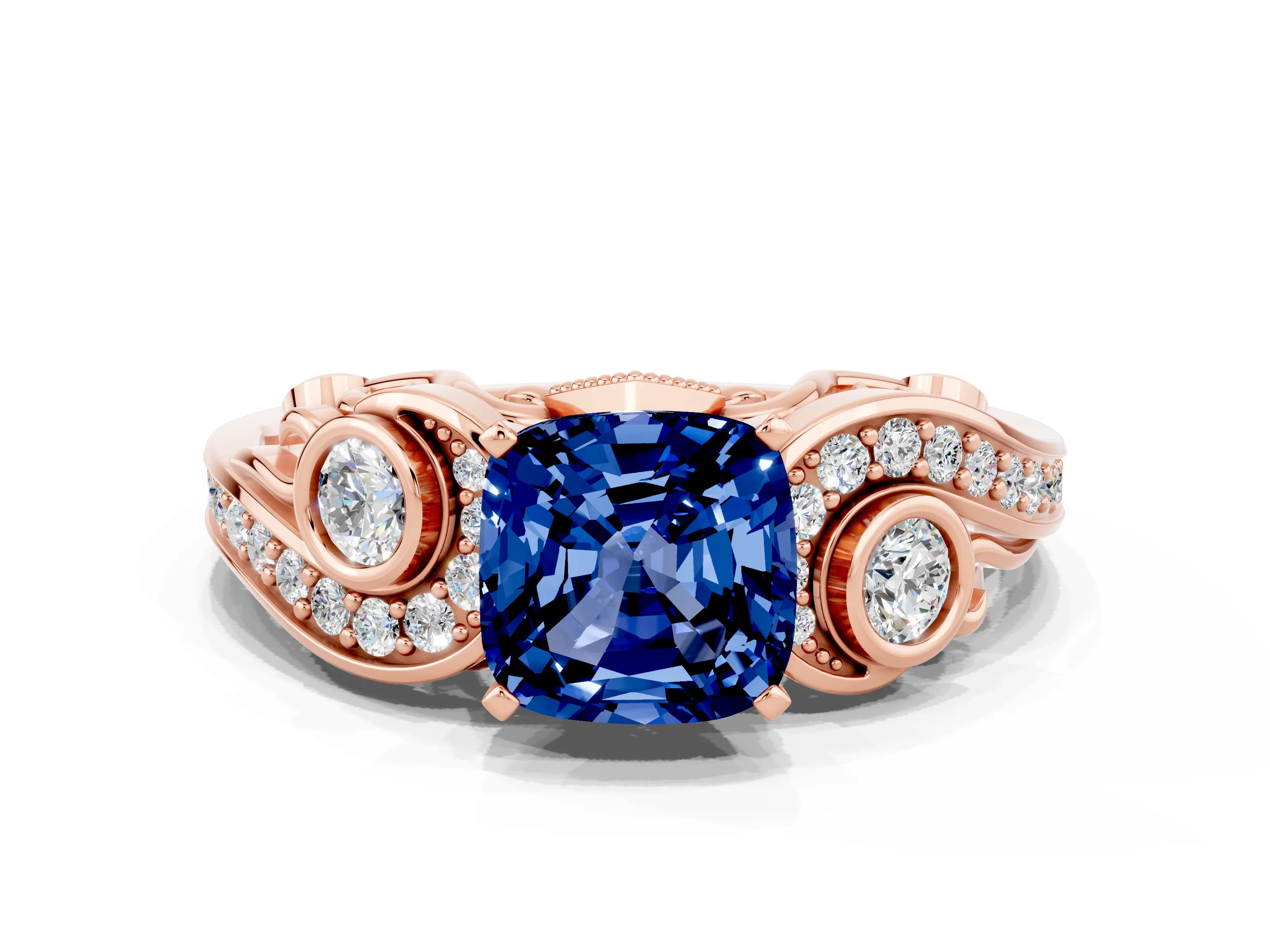 Rose gold Cushion Cut Blue Sapphire Solitaire Ring with Milgrain Pavé Band and Four-Prong Setting_24