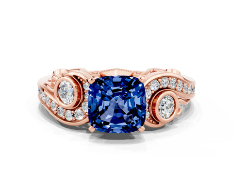 Rose gold Cushion Cut Blue Sapphire Solitaire Ring with Milgrain Pavé Band and Four-Prong Setting_24