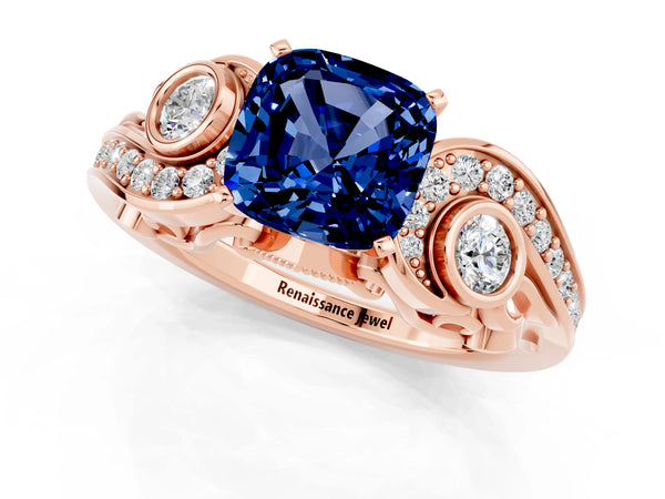 Rose gold Cushion Cut Blue Sapphire Solitaire Ring with Milgrain Pavé Band and Four-Prong Setting
