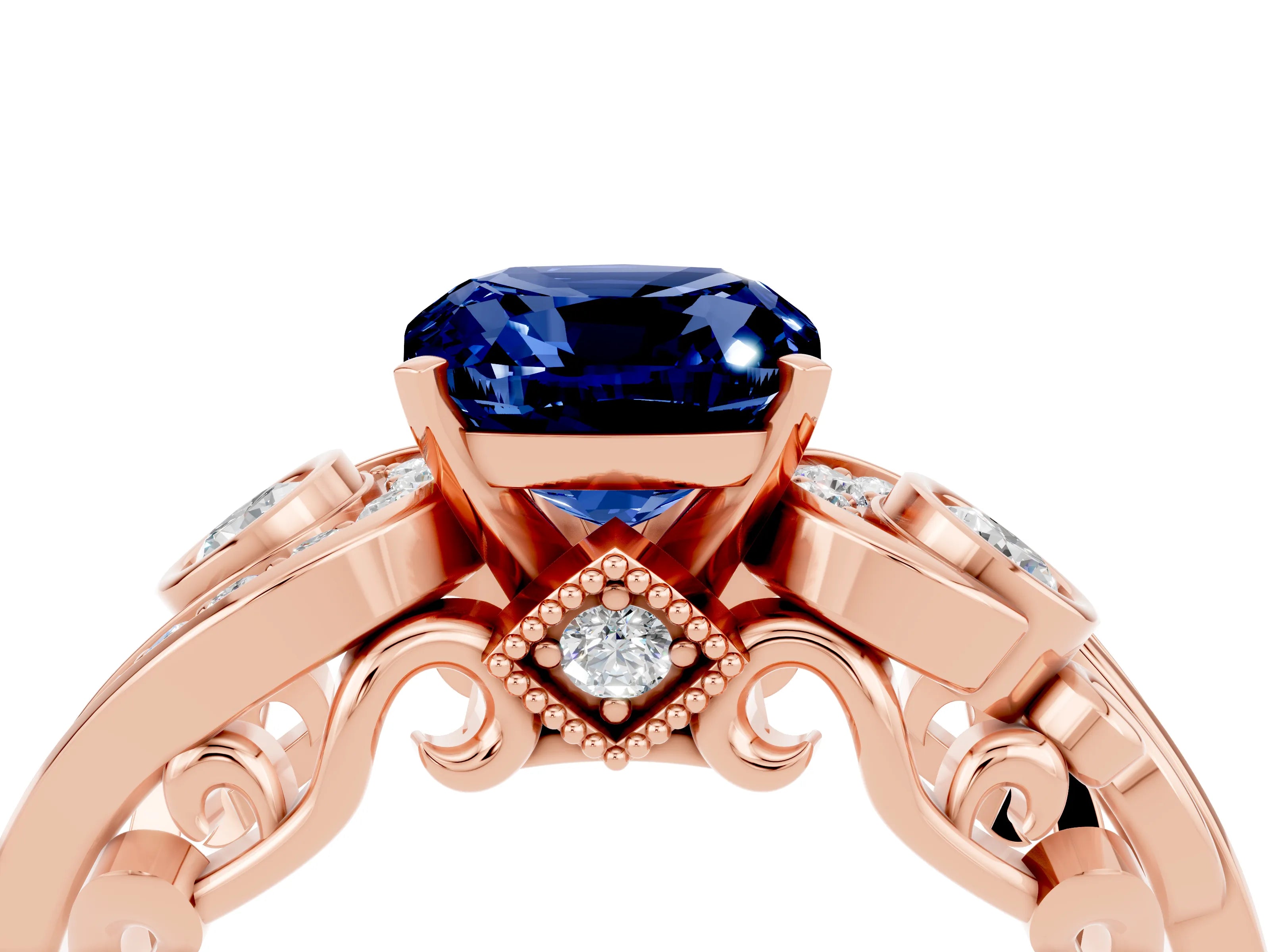 Rose gold Cushion Cut Blue Sapphire Solitaire Ring with Milgrain Pavé Band and Four-Prong Setting_28