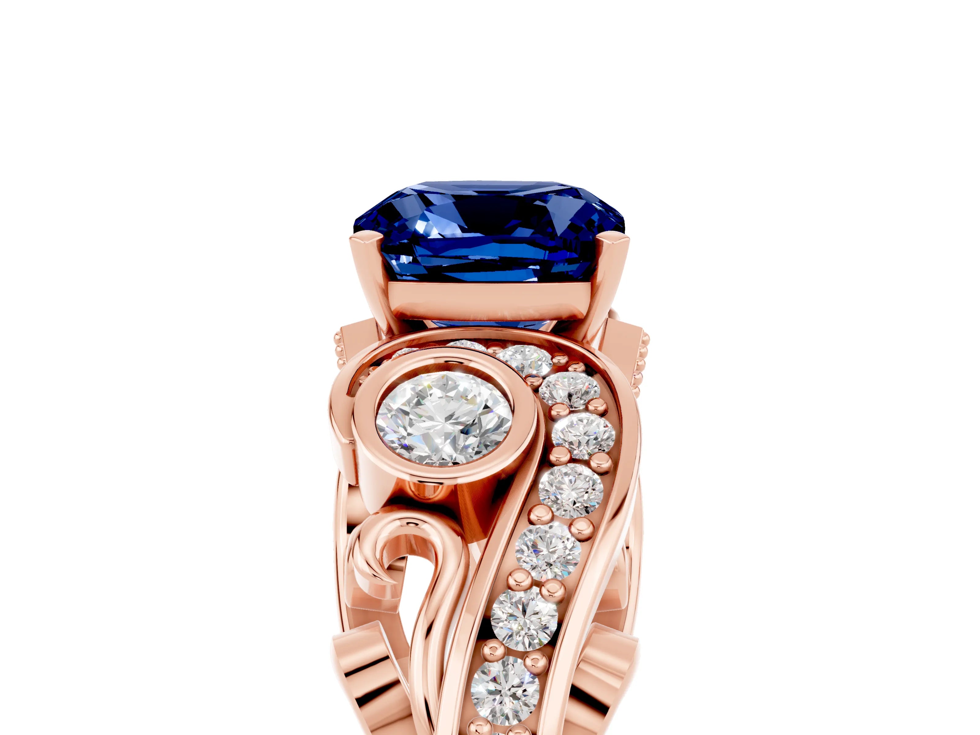 Rose gold Cushion Cut Blue Sapphire Solitaire Ring with Milgrain Pavé Band and Four-Prong Setting_29
