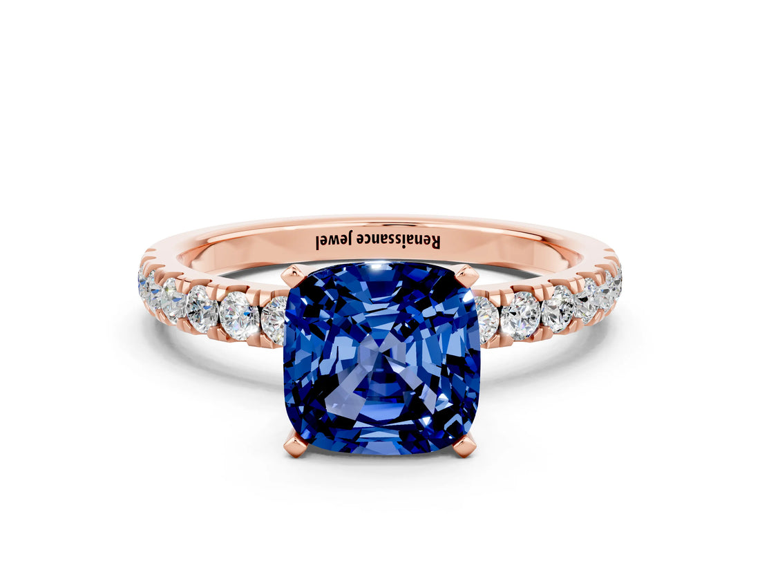 Rose gold Cushion Cut Blue Sapphire Solitaire Ring with Pavé Accents and Four-Prong Setting