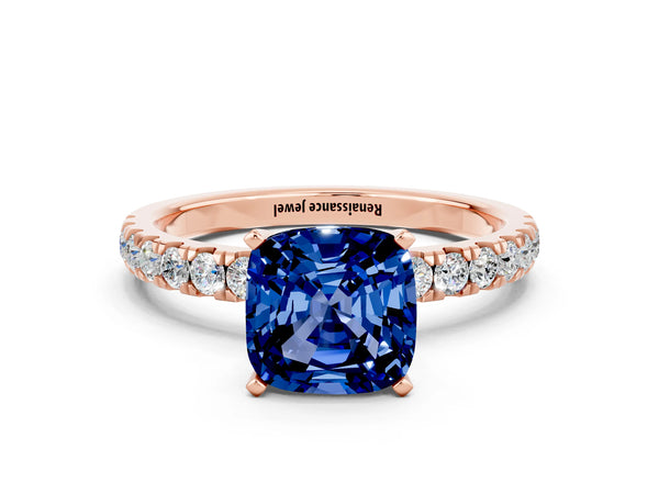 Rose gold Cushion Cut Blue Sapphire Solitaire Ring with Pavé Accents and Four-Prong Setting