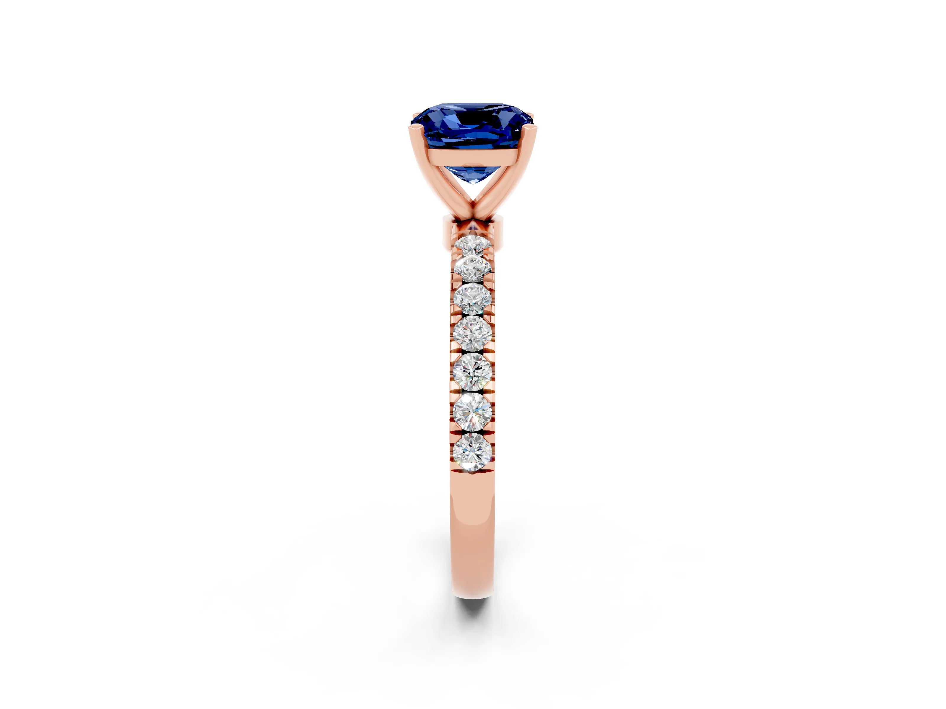 Rose gold Cushion Cut Blue Sapphire Solitaire Ring with Pavé Accents and Four-Prong Setting_2