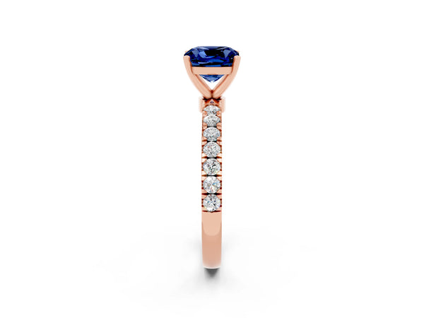 Rose gold Cushion Cut Blue Sapphire Solitaire Ring with Pavé Accents and Four-Prong Setting