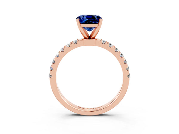Rose gold Cushion Cut Blue Sapphire Solitaire Ring with Pavé Accents and Four-Prong Setting