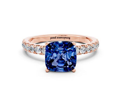 Rose gold Cushion Cut Blue Sapphire Solitaire Ring with Pavé Accents and Four-Prong Setting