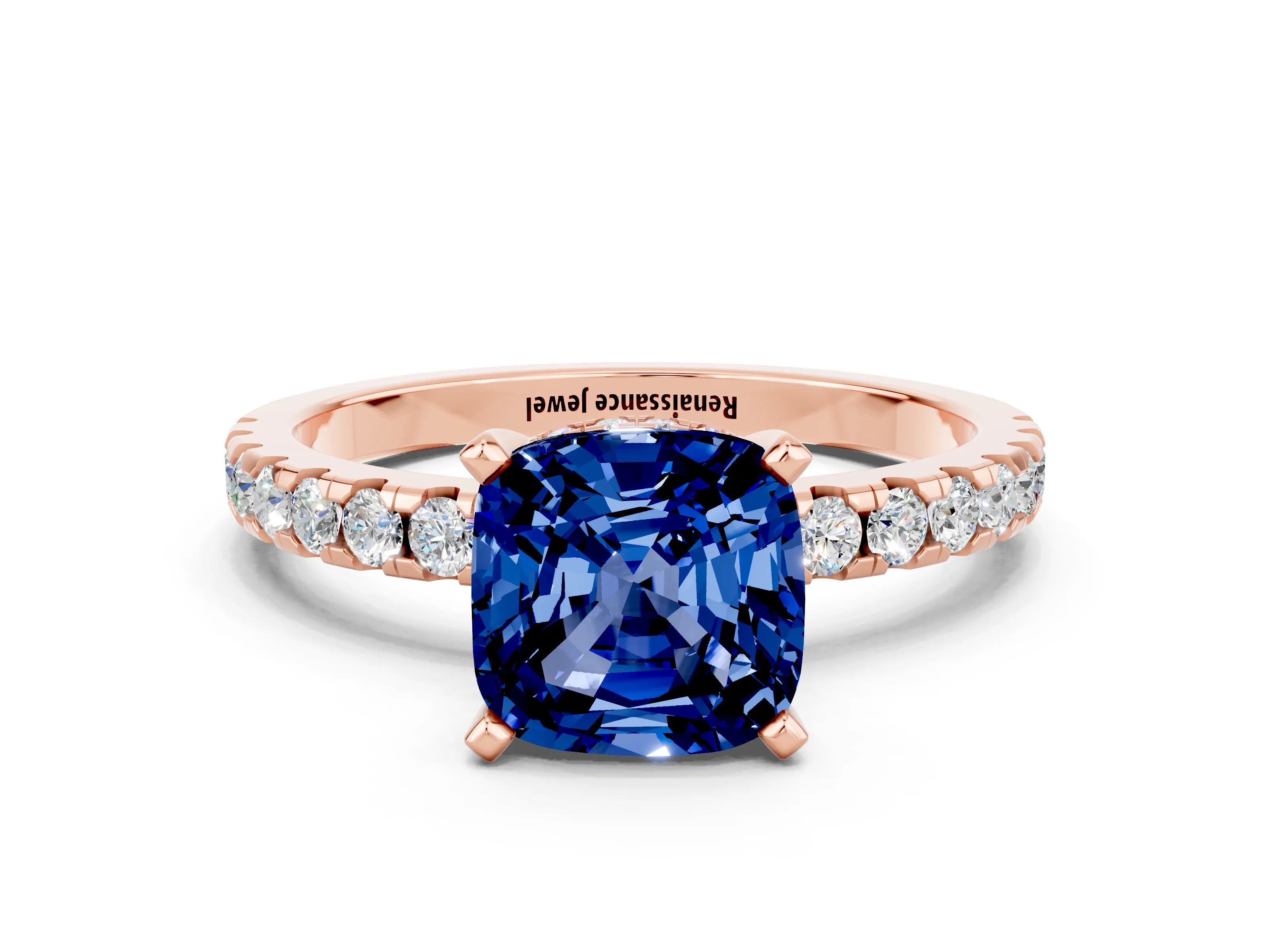 Rose gold Cushion Cut Blue Sapphire Solitaire Ring with Pavé Band and Four-Prong Setting_24