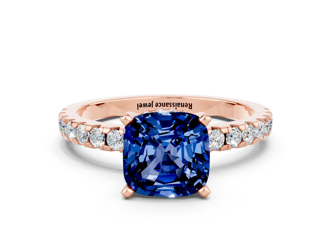 Rose gold Cushion Cut Blue Sapphire Solitaire Ring with Pavé Band and Four-Prong Setting_24