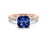Rose gold Cushion Cut Blue Sapphire Solitaire Ring with Pavé Band and Four-Prong Setting_24
