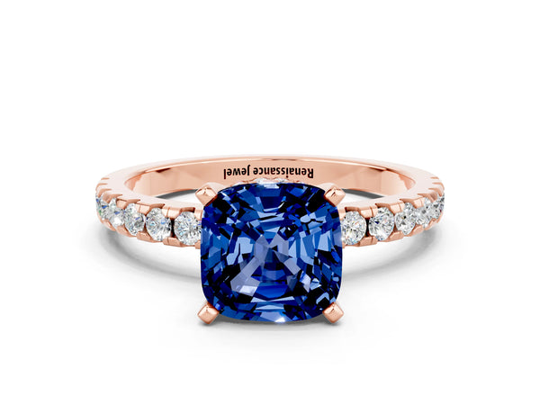 Rose gold Cushion Cut Blue Sapphire Solitaire Ring with Round  Pavé Band and Four-Prong Setting