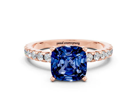 Rose gold Cushion Cut Blue Sapphire Solitaire Ring with Pavé Band and Four-Prong Setting_24