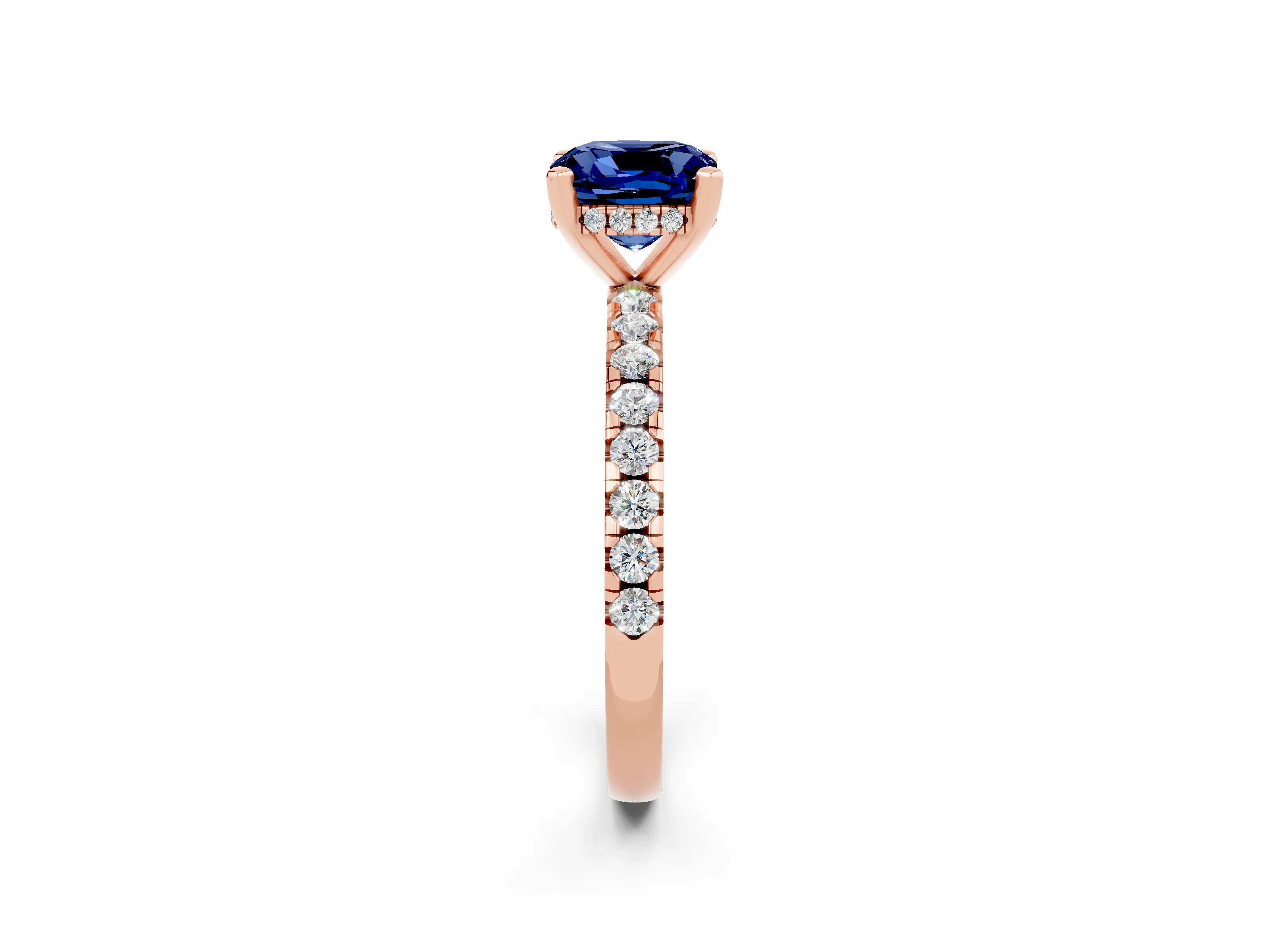 Rose gold Cushion Cut Blue Sapphire Solitaire Ring with Pavé Band and Four-Prong Setting_26