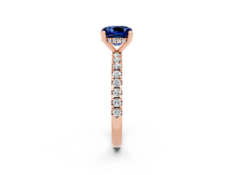 Rose gold Cushion Cut Blue Sapphire Solitaire Ring with Pavé Band and Four-Prong Setting_26