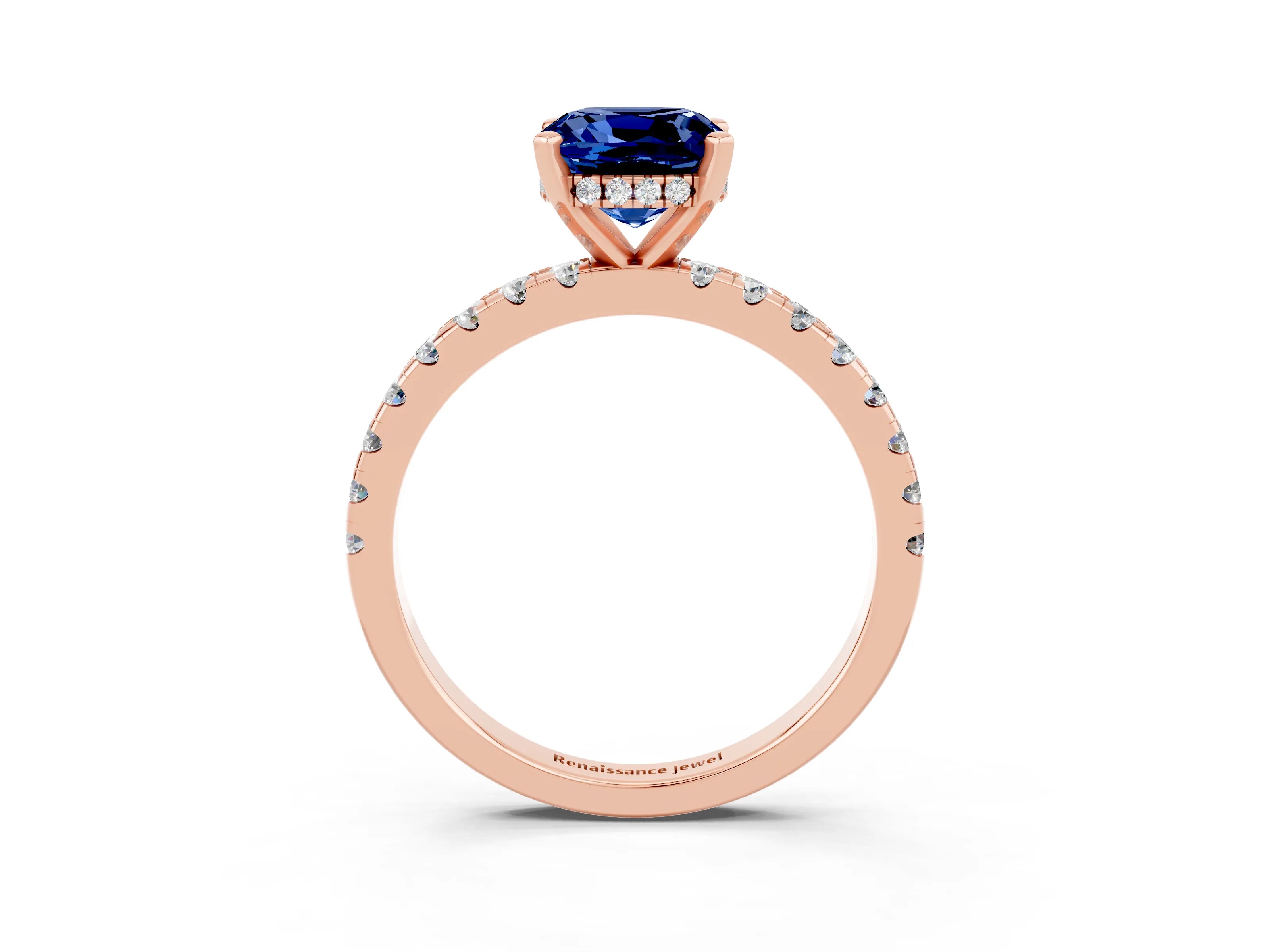 Rose gold Cushion Cut Blue Sapphire Solitaire Ring with Pavé Band and Four-Prong Setting_27