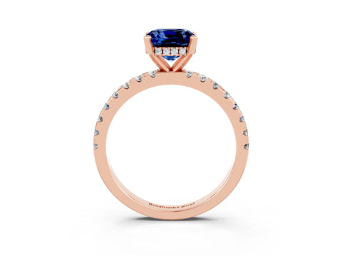 Rose gold Cushion Cut Blue Sapphire Solitaire Ring with Pavé Band and Four-Prong Setting_27