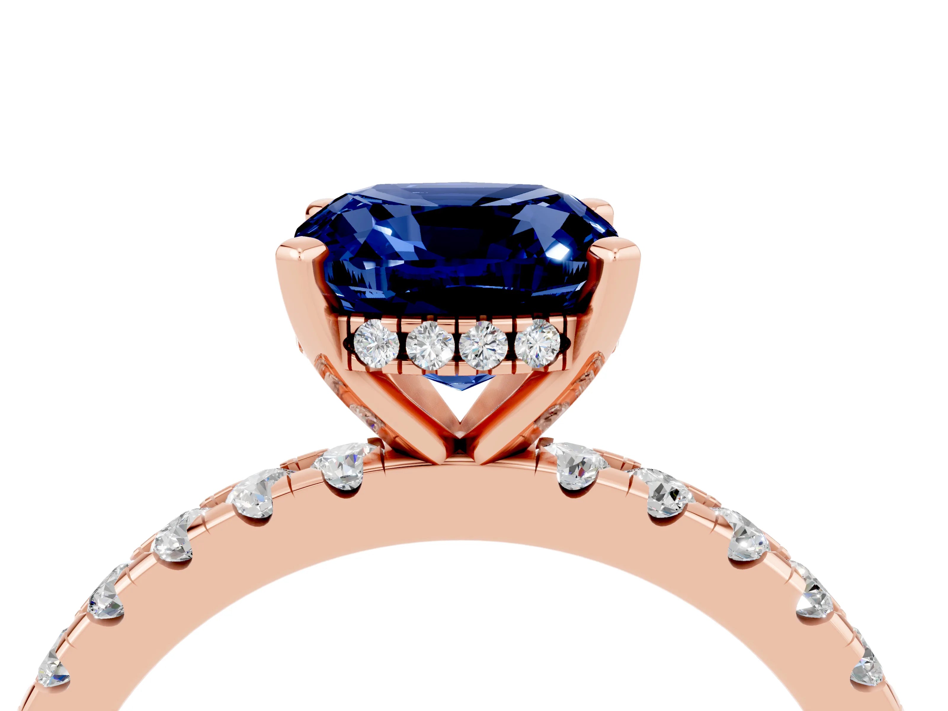 Rose gold Cushion Cut Blue Sapphire Solitaire Ring with Pavé Band and Four-Prong Setting_28