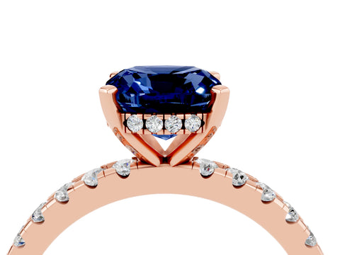 Rose gold Cushion Cut Blue Sapphire Solitaire Ring with Pavé Band and Four-Prong Setting_28