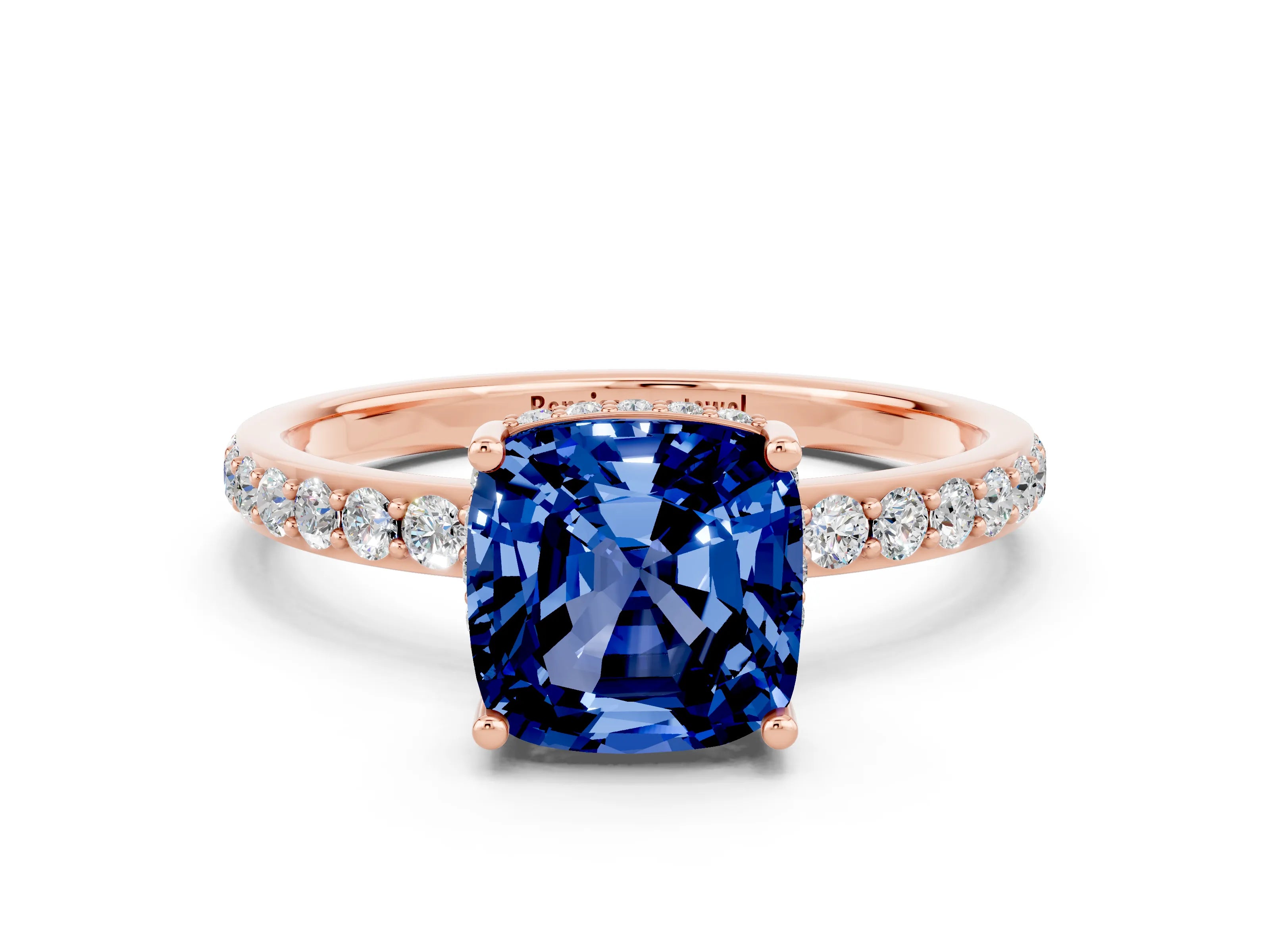 Rose gold Cushion Cut Blue Sapphire Solitaire Ring with Pavé Band and Hidden Halo_12