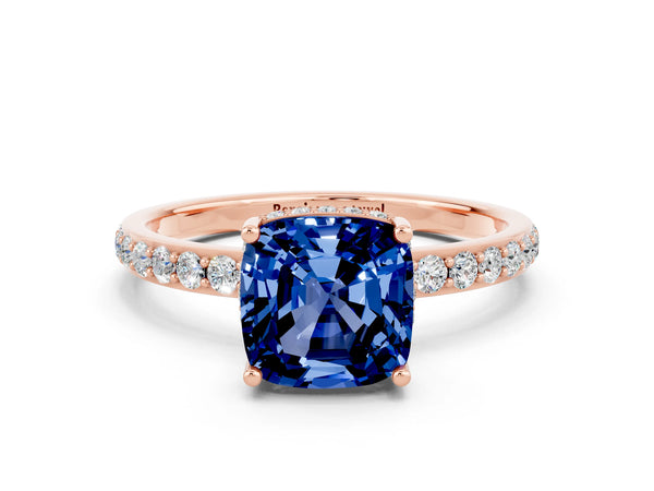 Rose gold Cushion Cut Blue Sapphire Solitaire Ring with Pavé Band and Hidden Halo