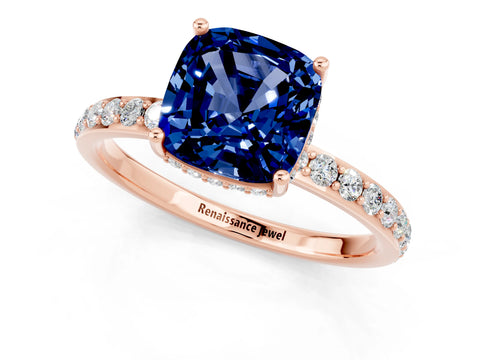 Rose gold Cushion Cut Blue Sapphire Solitaire Ring with Pavé Band and Hidden Halo_13