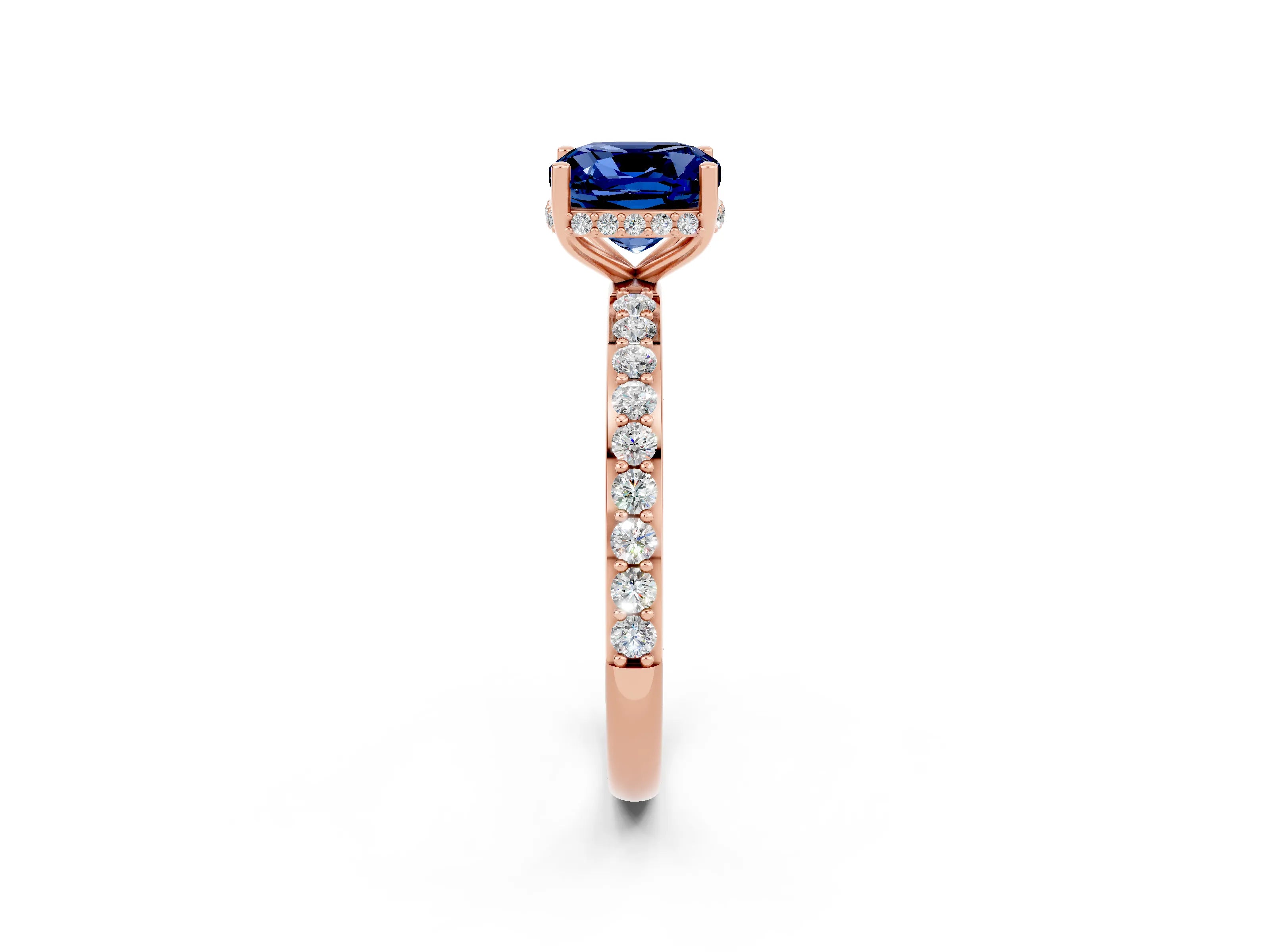 Rose gold Cushion Cut Blue Sapphire Solitaire Ring with Pavé Band and Hidden Halo_14