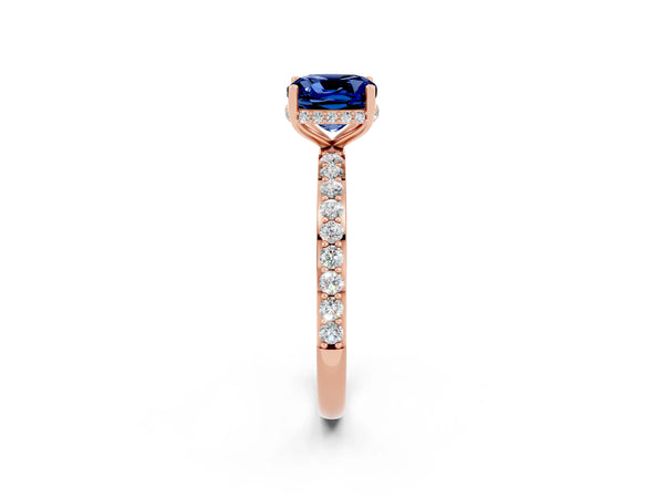Rose gold Cushion Cut Blue Sapphire Solitaire Ring with Pavé Band and Hidden Halo