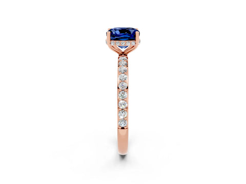 Rose gold Cushion Cut Blue Sapphire Solitaire Ring with Pavé Band and Hidden Halo_14