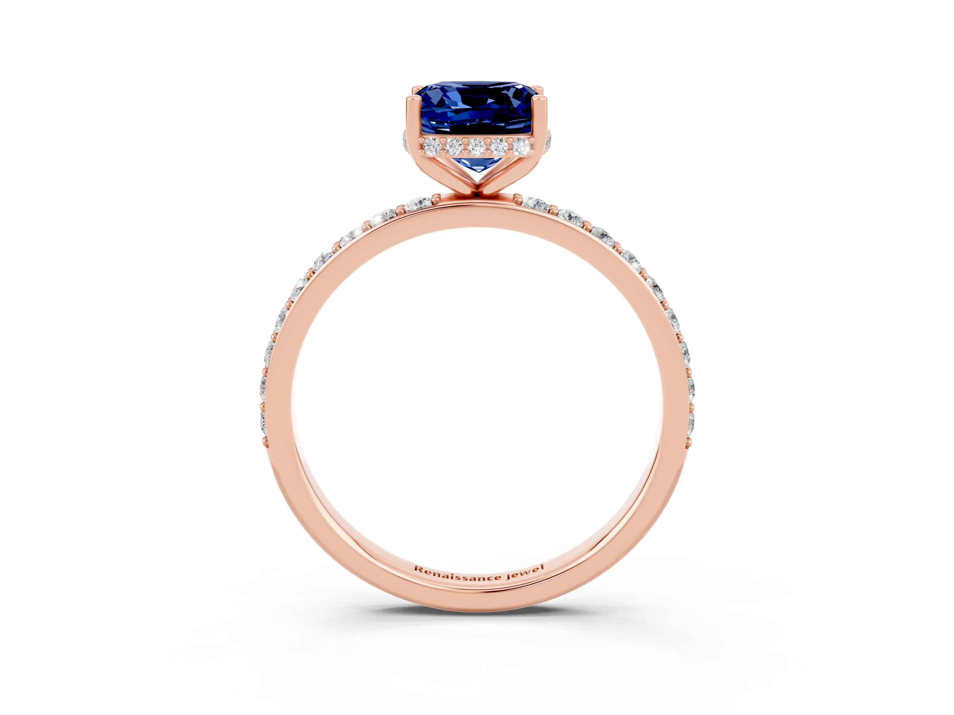 Rose gold Cushion Cut Blue Sapphire Solitaire Ring with Pavé Band and Hidden Halo_15