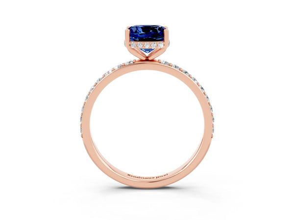 Rose gold Cushion Cut Blue Sapphire Solitaire Ring with Pavé Band and Hidden Halo