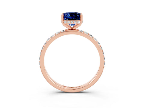Rose gold Cushion Cut Blue Sapphire Solitaire Ring with Pavé Band and Hidden Halo_15