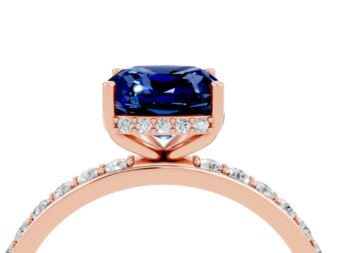 Rose gold Cushion Cut Blue Sapphire Solitaire Ring with Pavé Band and Hidden Halo_16