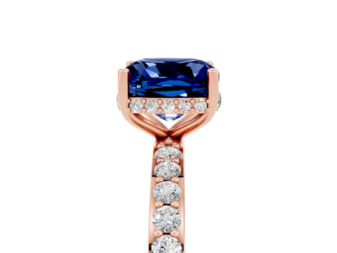 Rose gold Cushion Cut Blue Sapphire Solitaire Ring with Pavé Band and Hidden Halo_17