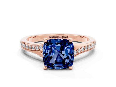 Rose gold Cushion Cut Blue Sapphire Solitaire Ring with Pavé Band and Prong Setting_12